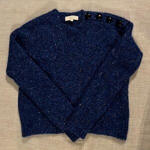 Blue Sezane alpaca, wool, and silk crew neck sweater with buttons on neck